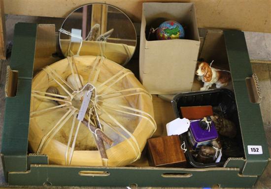 Mixed collectables, inc cased brass magnifying lens, onyx stand, soapstone carvings, Marathon compendium, tin carousel etc